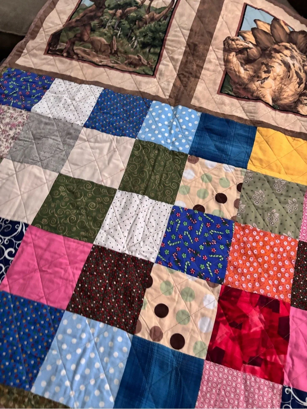 Handmade Reversible Dinosaur Baby Quilt Kids Patchwork Blanket 43x35